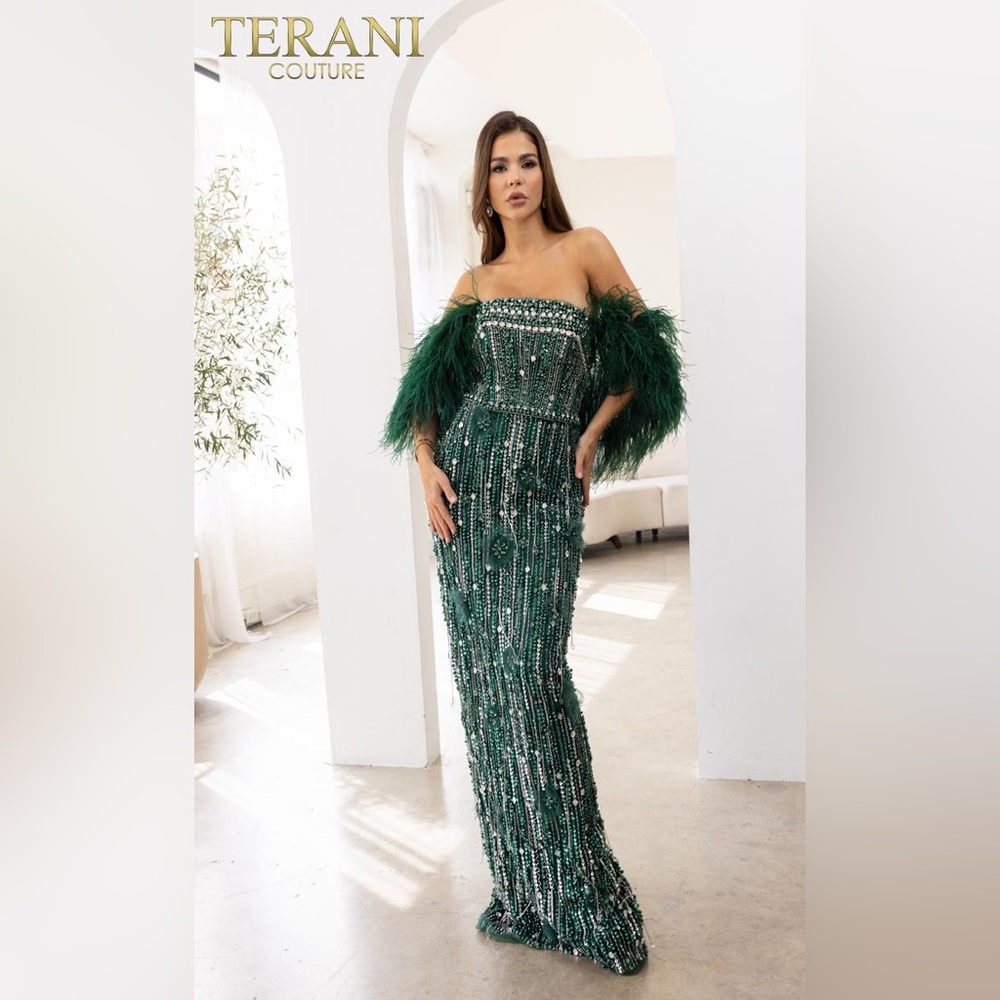 Terani Couture Green Feathered Beaded Dress